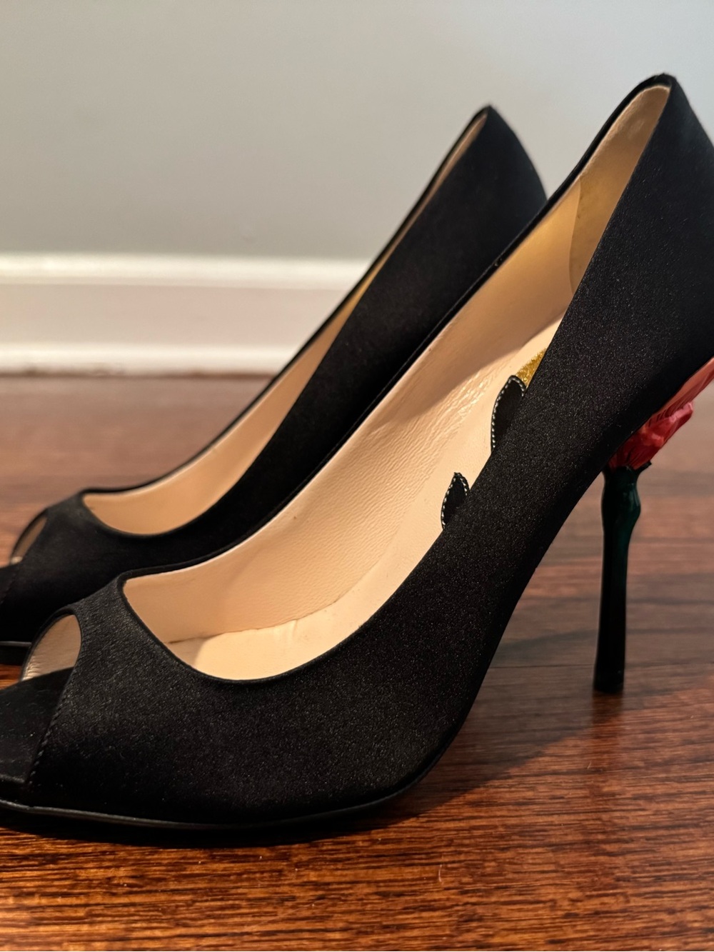Prada Linea Rossa Black Satin Peep-Toe Pumps with Pink Tulip Heel